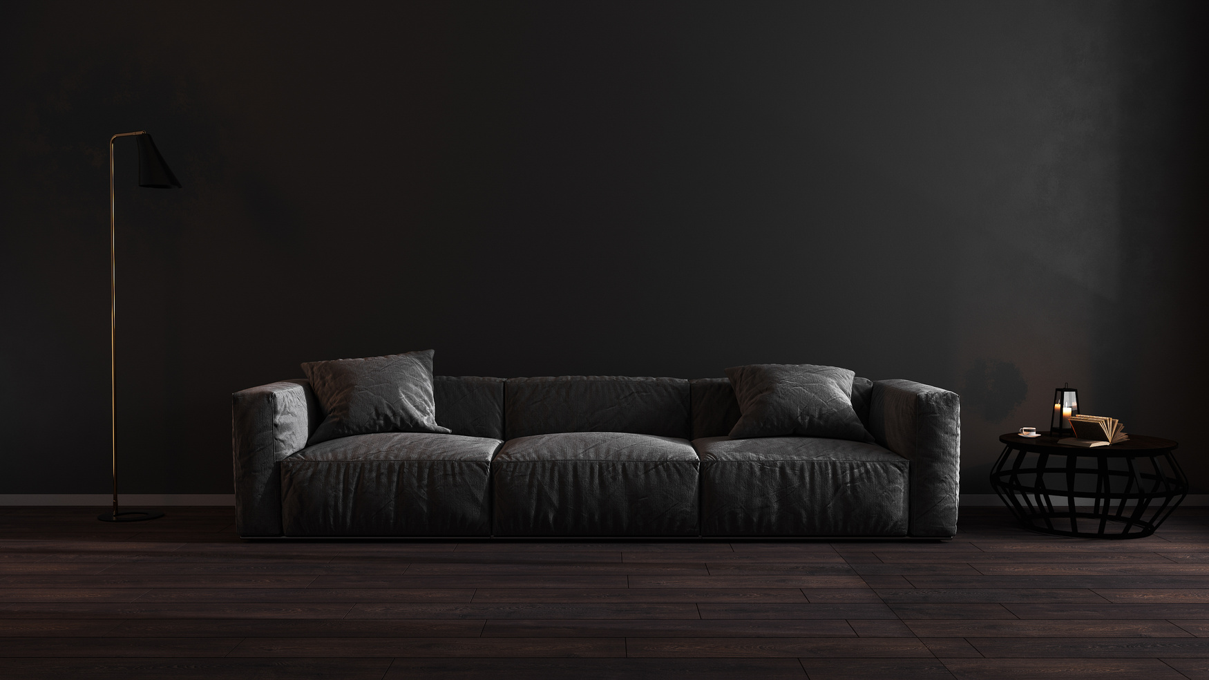 Luxury Dark Living Room Interior with Gray Sofa